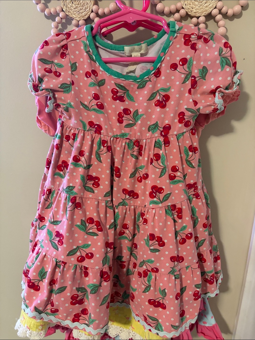 Matilda Jane Pink Cherry Tiered Dress with Green Trim